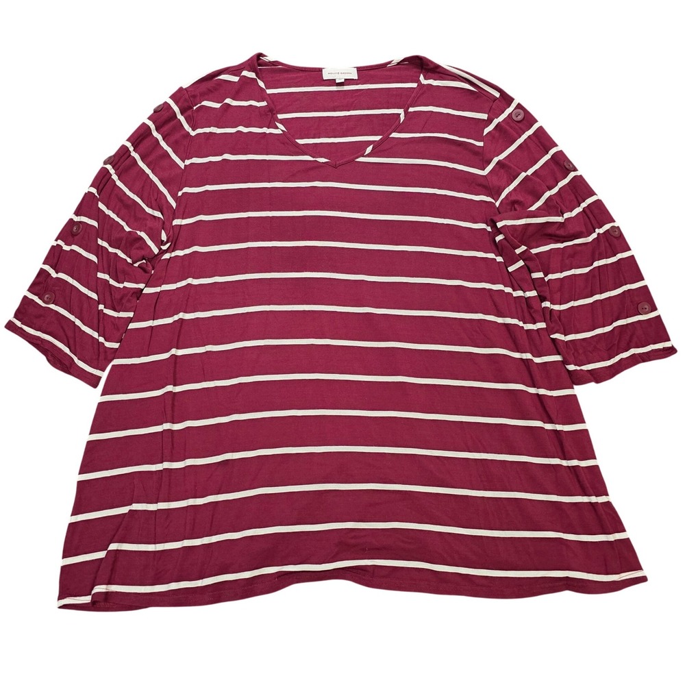 Molly & Isadora V-Neck Tee Women's Size 3X Burgundy White Striped Button Sleeve